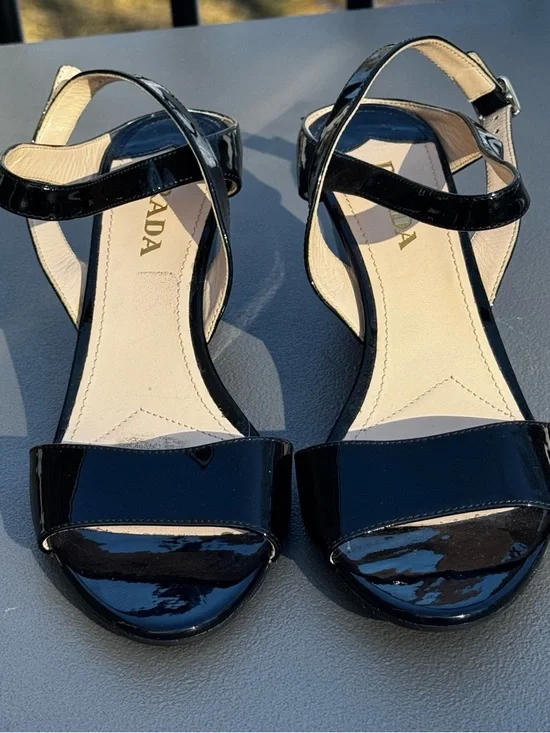 Prada Black Patent Open-Toe Ankle Strap Wedge Sandals Size 39.5 - Picture 6 of 13